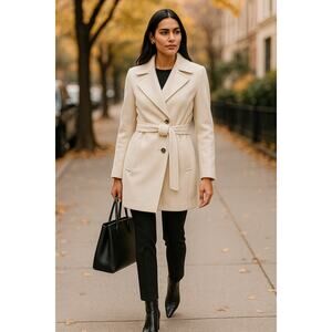 Michael Kors Ivory Wool Blend Coat Size 10 Button Front Mid-Length Winter